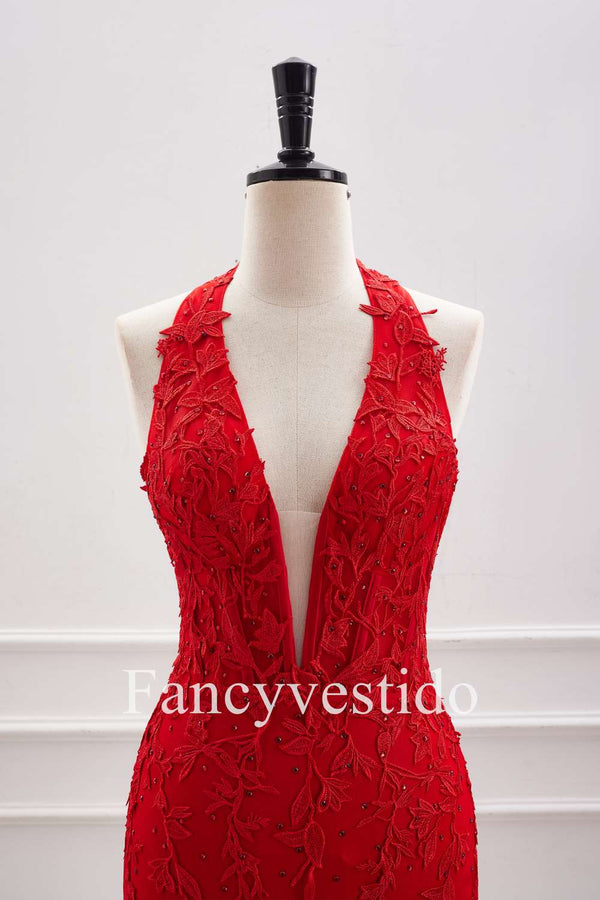 Halter Red Appliques Backless Tight Short Homecoming Dress