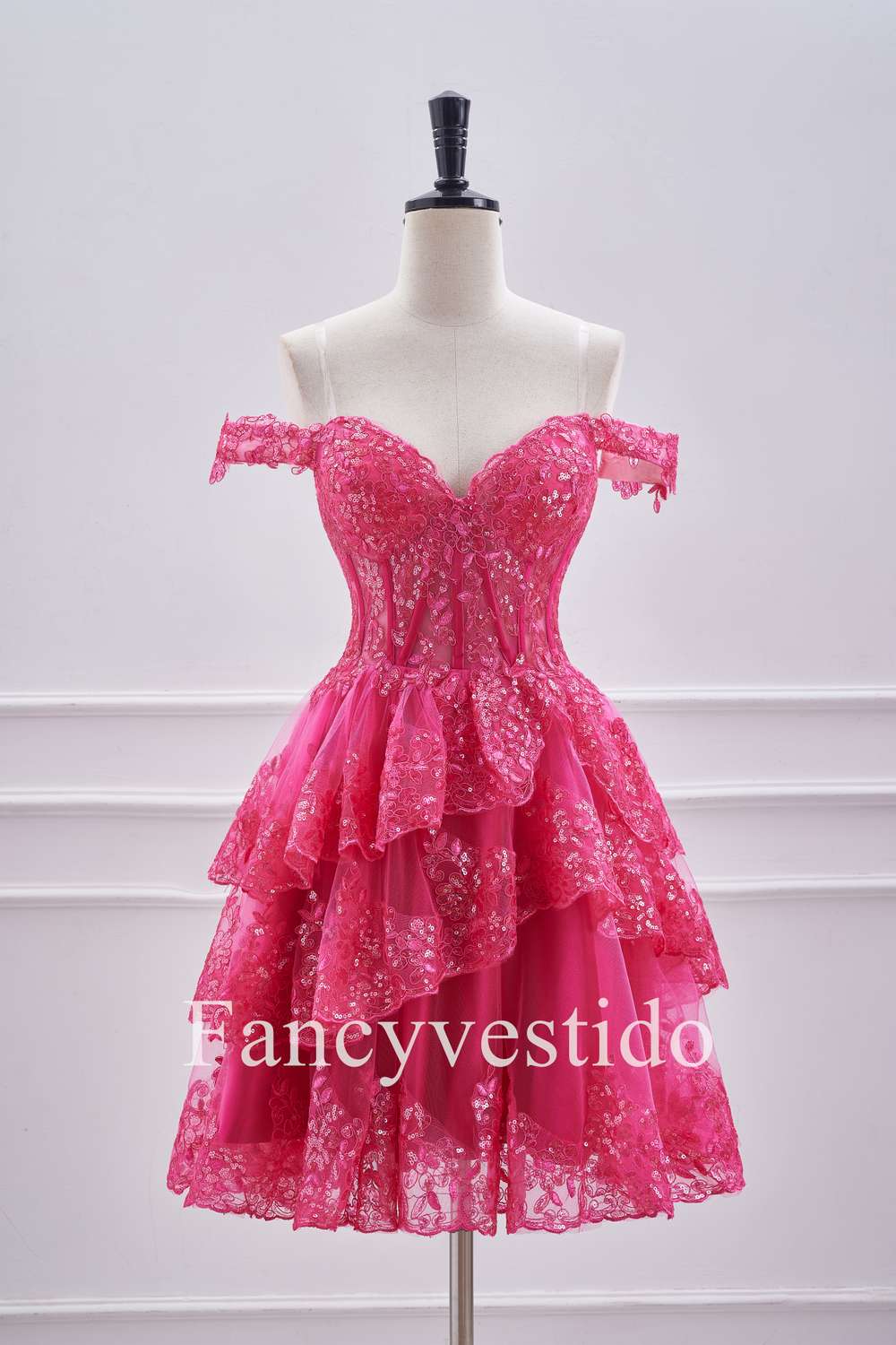Off the Shoulder Fuchsia Corset Tiered A-Line Short Homecoming Dress FancyVestido Off the Shoulder Fuchsia Corset Tiered A-Line Short Homecoming Dress FancyVestido