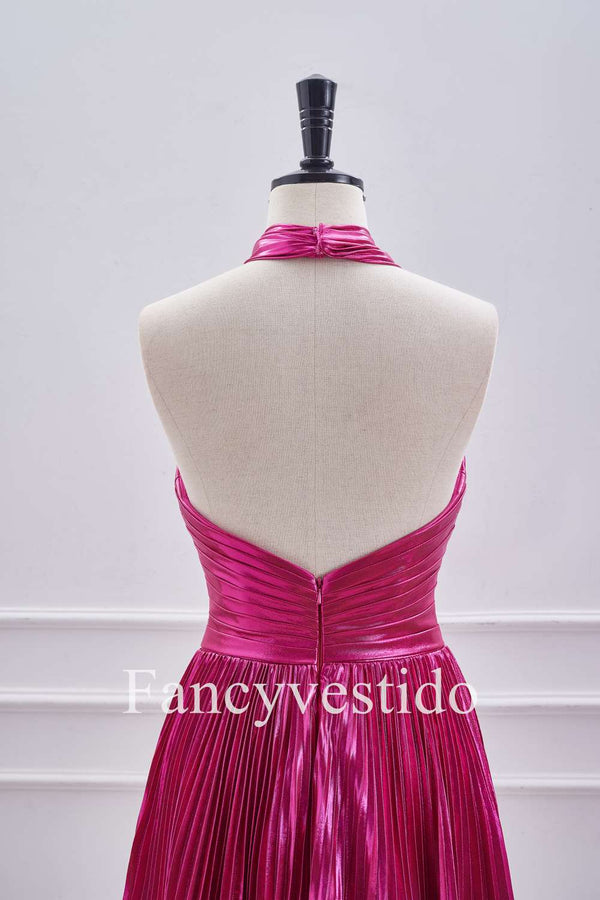 Fuchsia Halter Metallic Pleated A-Line Cocktail Dress