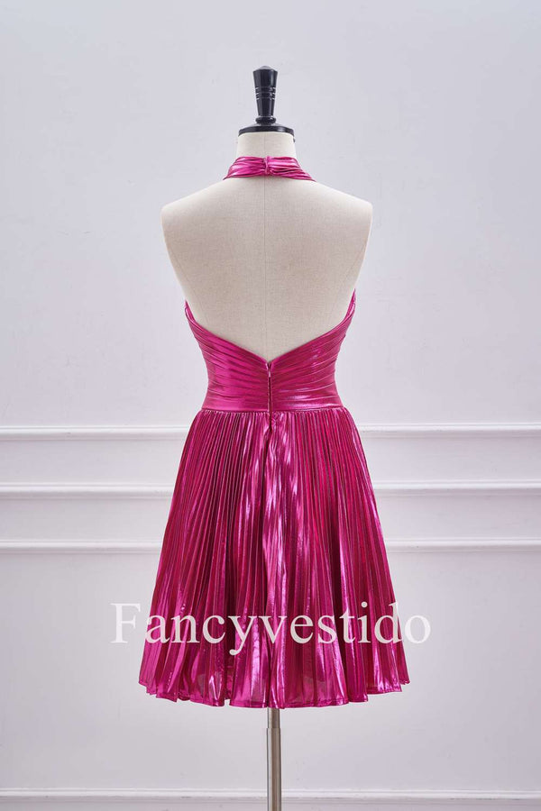 Fuchsia Halter Metallic Pleated A-Line Cocktail Dress