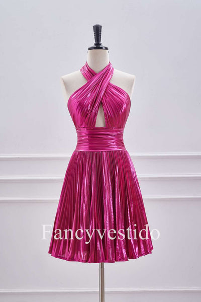 Fuchsia Halter Metallic Pleated A-Line Cocktail Dress
