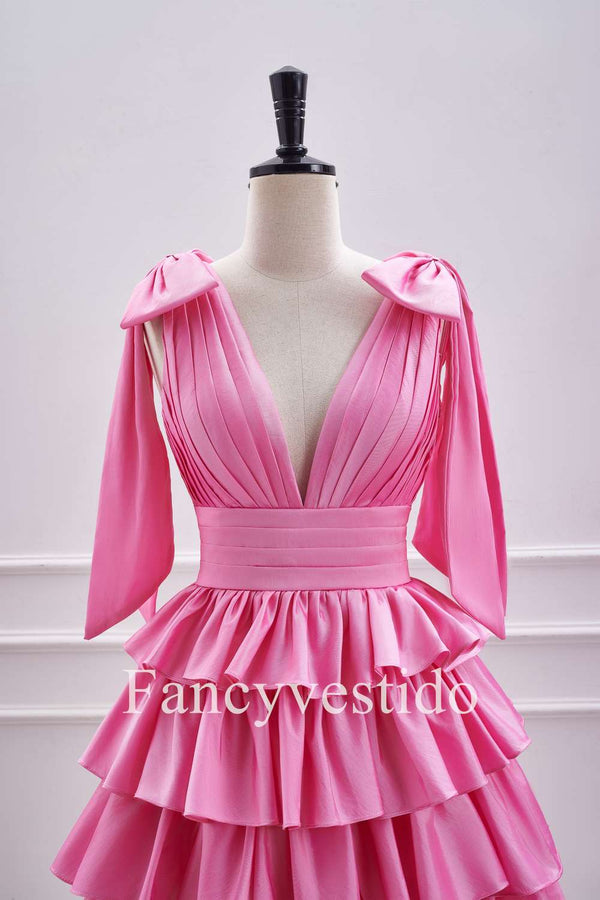 Plunging Hot Pink Bow Sleeves Ruffle A-Line Short Homecoming Dress