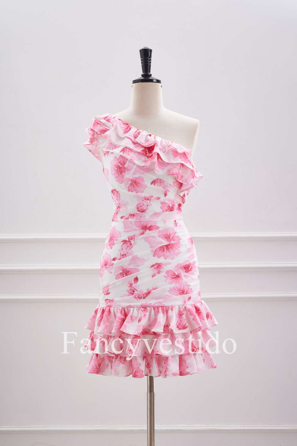 Cute Ruffled One-Shoulder Pink Floral Print Mini Homecoming Dress   FancyVestido