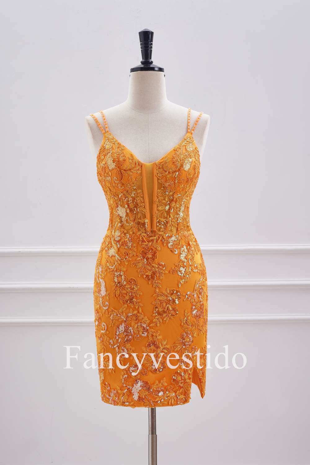 Double Straps Orange Sequin Appliques Short Homecoming Dress  FancyVestido
