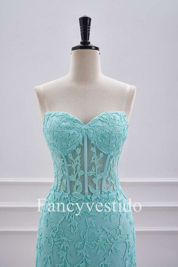 Strapless Aqua Blue Corset Tight Homecoming Dress with Appliques