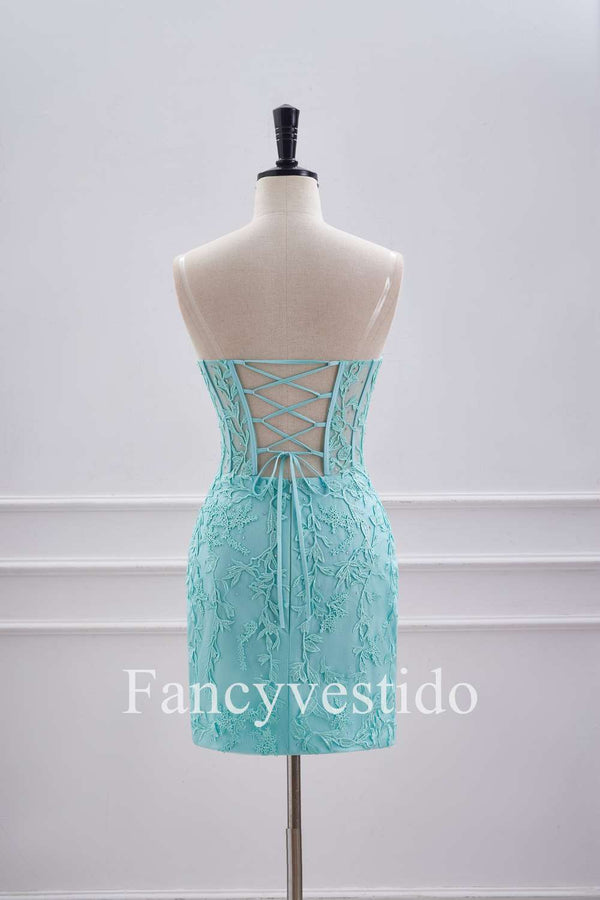 Strapless Aqua Blue Corset Tight Homecoming Dress with Appliques