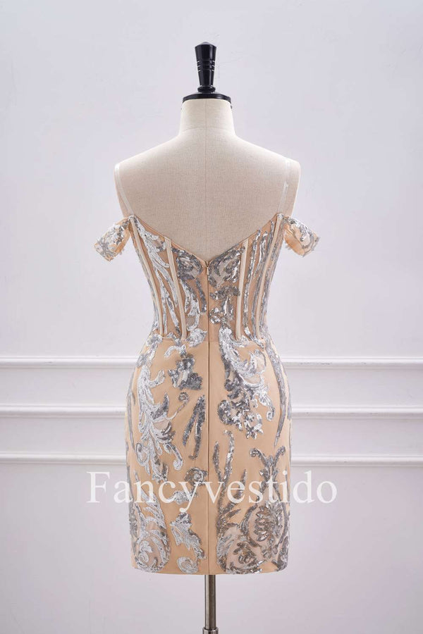 Off the Shoulder Nude Corset Tight Homecoming Dress with Silver Sequin