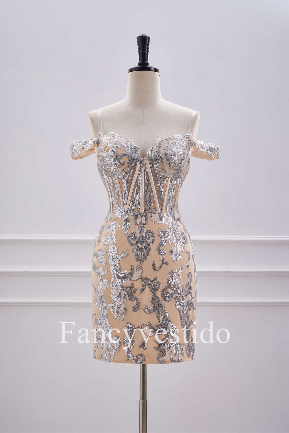 off the shoulder dress nude Off the Shoulder Nude Corset Tight Homecoming Dress with Silver Sequin –  FancyVestido