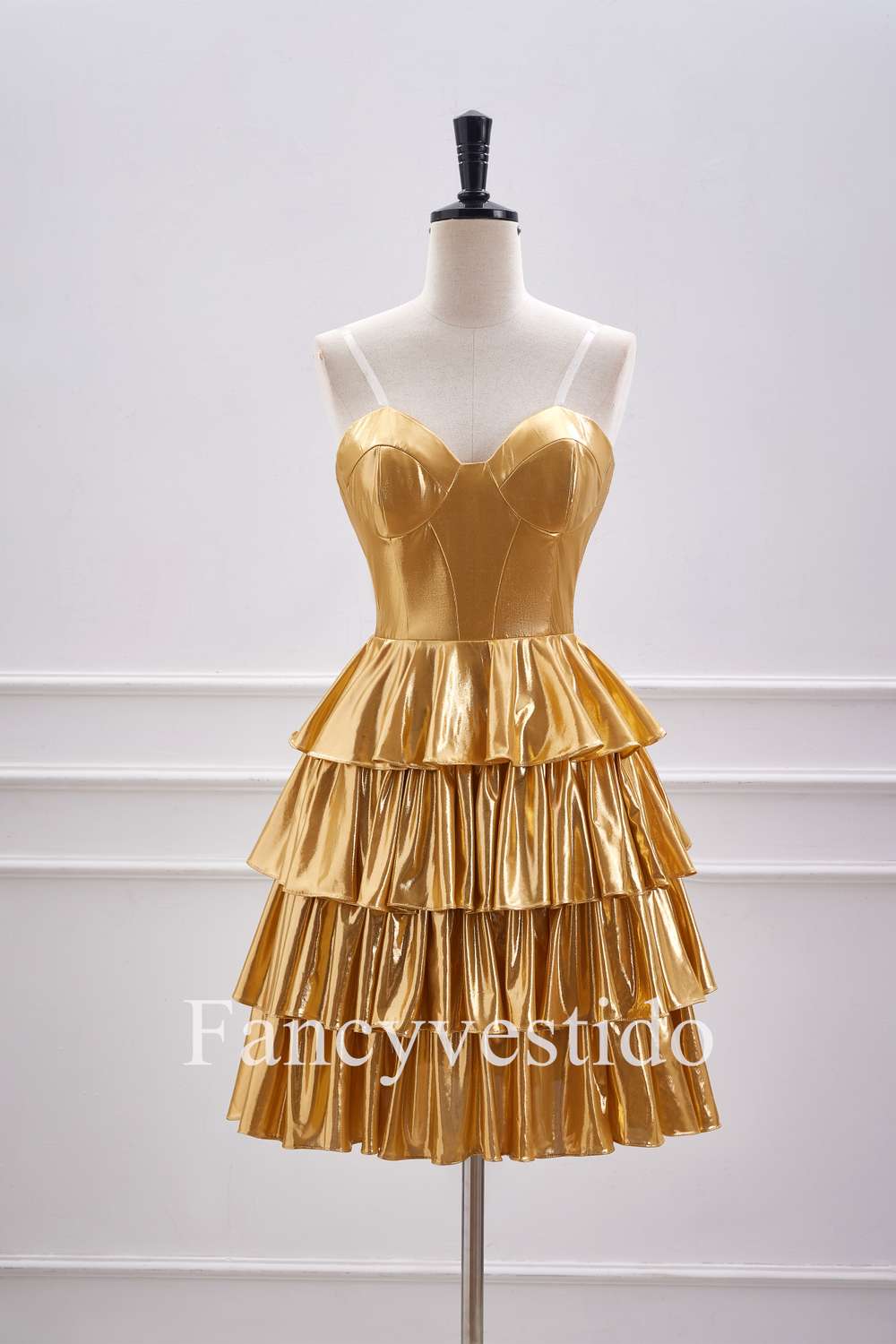 Sweetheart Gold Metallic Tiered A-Line Short Homecoming Dress FancyVestido Sweetheart Gold Metallic Tiered A-Line Short Homecoming Dress FancyVestido