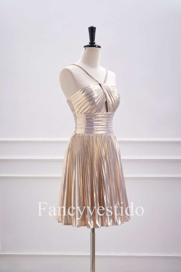 Halter Champagne Metallic Keyhole Pleated A-Line Cocktail Dress