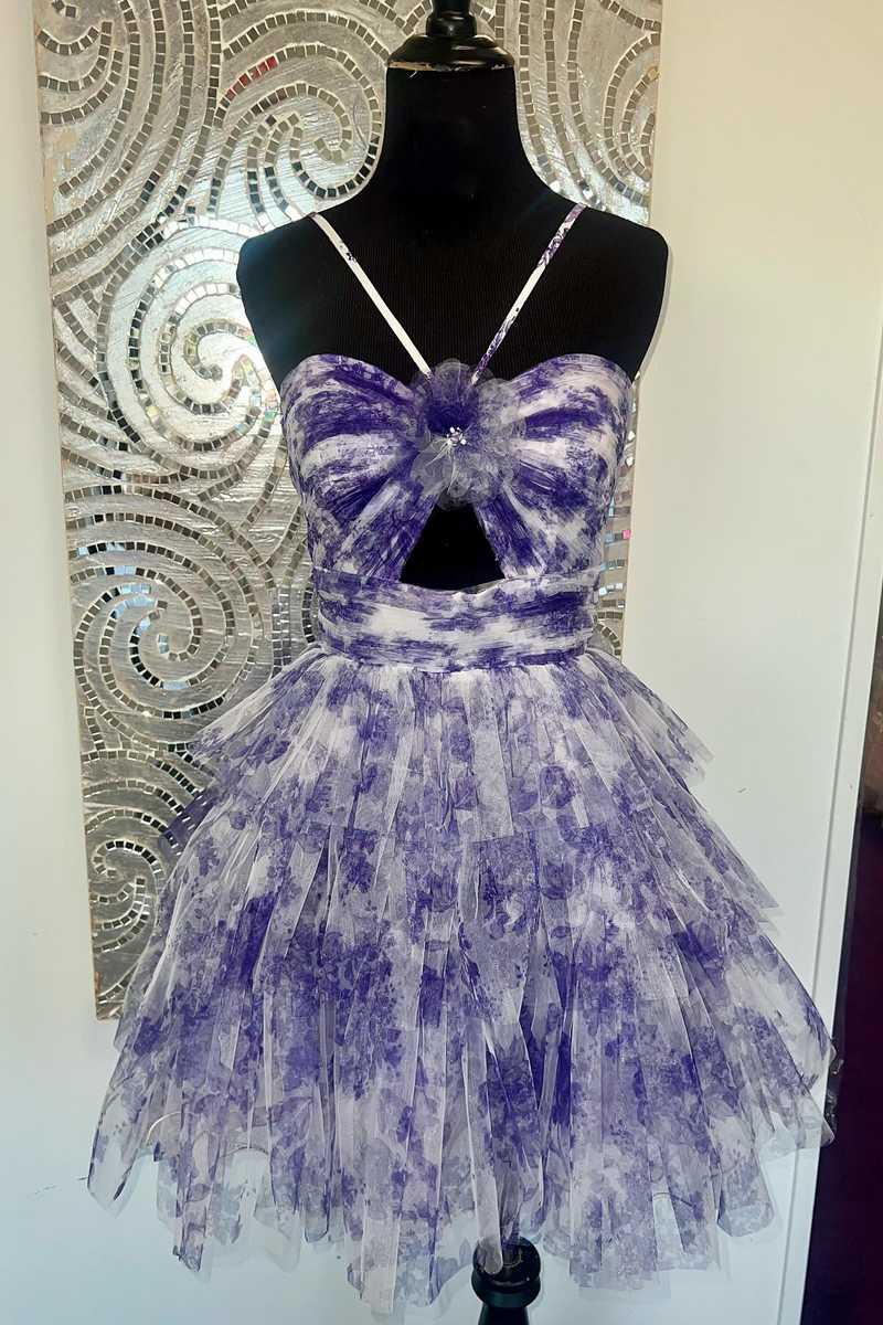 sachin and babi light blue dress Straps Purple Floral Print Keyhole Ruffle Cocktail Dress – FancyVestido