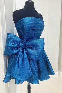 Strapless Royal Blue Ruched Short Homecoming Dress with Bow
