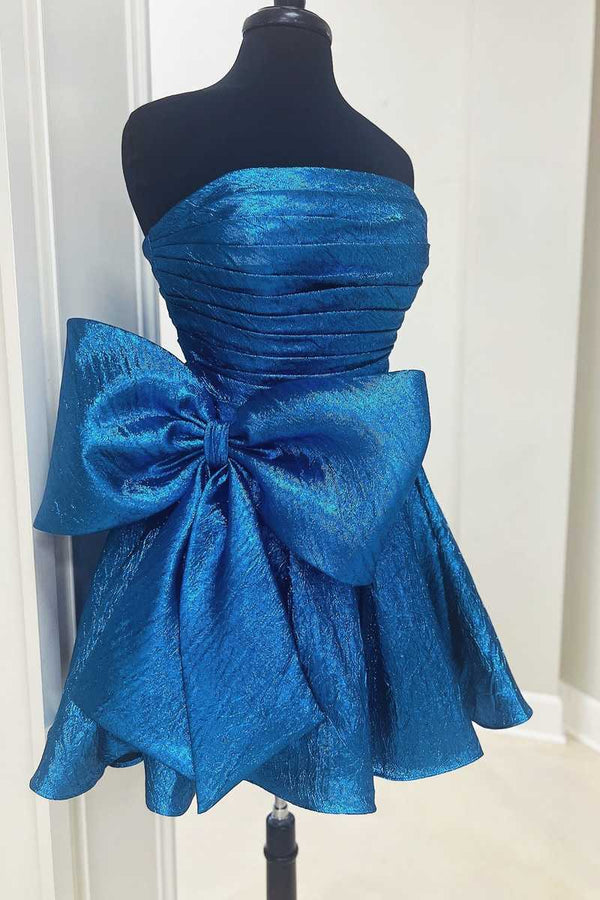 Strapless Royal Blue Ruched Short Homecoming Dress with Bow