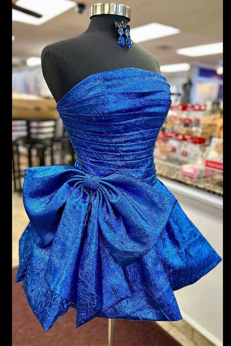 Strapless Royal Blue Ruched Short Homecoming Dress with Bow FancyVestido Strapless Royal Blue Ruched Short Homecoming Dress with Bow FancyVestido