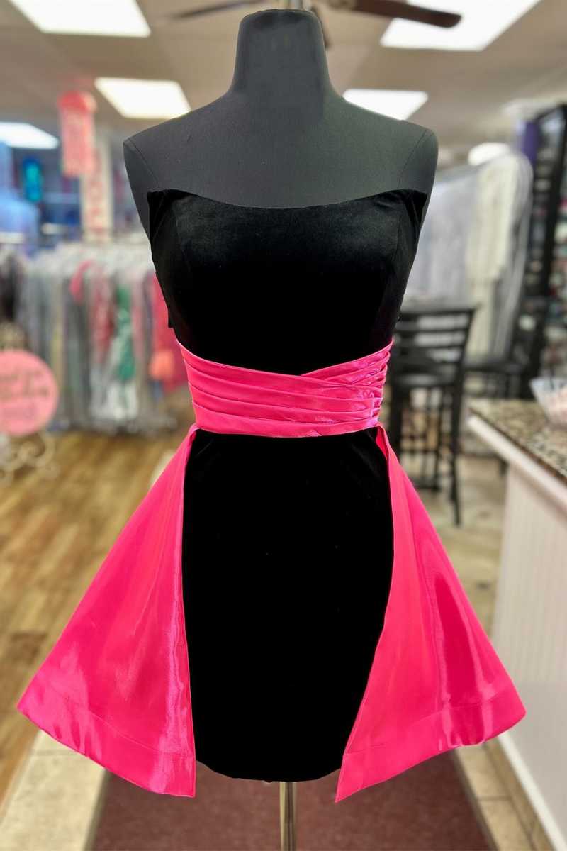 Strapless Black Velvet Cocktail Dress with Train FancyVestido Strapless Black Velvet Cocktail Dress with Train FancyVestido