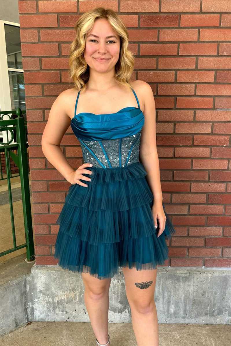 Straps Peacock Corset Pleated A-Line Tiered Short Homecoming Dress FancyVestido Straps Peacock Corset Pleated A-Line Tiered Short Homecoming Dress FancyVestido