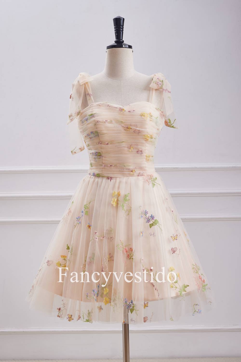 Bow Tie Straps Champagne Embroidery Short Homecoming Dress  FancyVestido