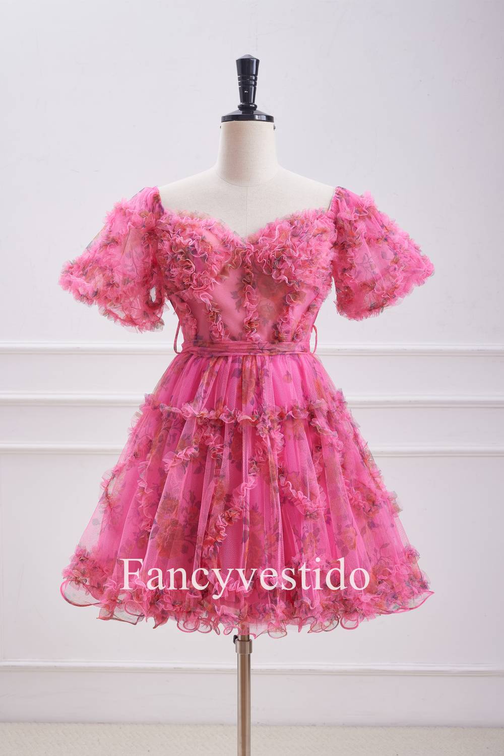 Princess Hot Pink Corset Floral Print Ruffle Homecoming Dress  FancyVestido