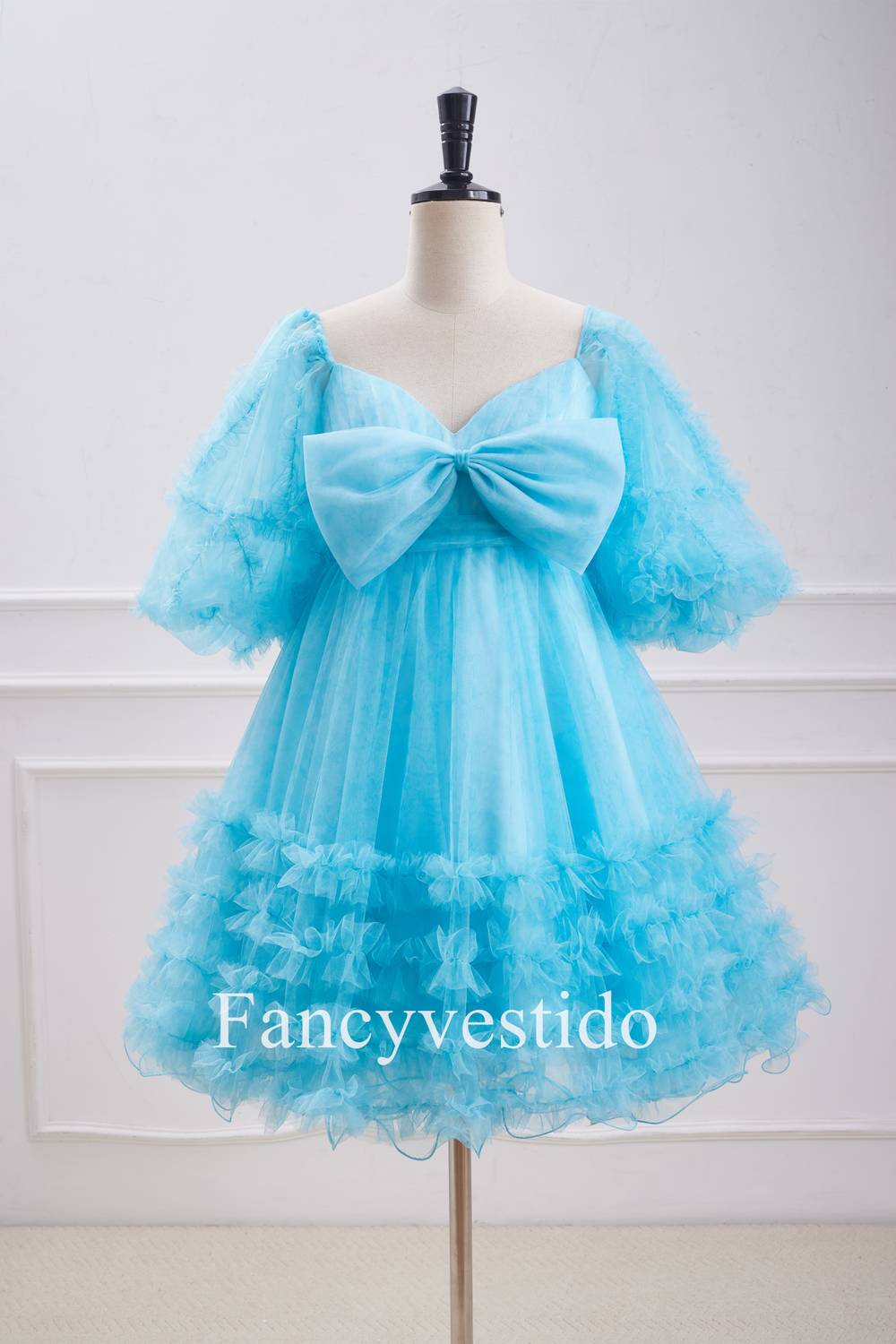 Blue Balloon Sleeves Ruffles Babydoll Homecoming Dress with Bow FancyVestido Blue Balloon Sleeves Ruffles Babydoll Homecoming Dress with Bow FancyVestido