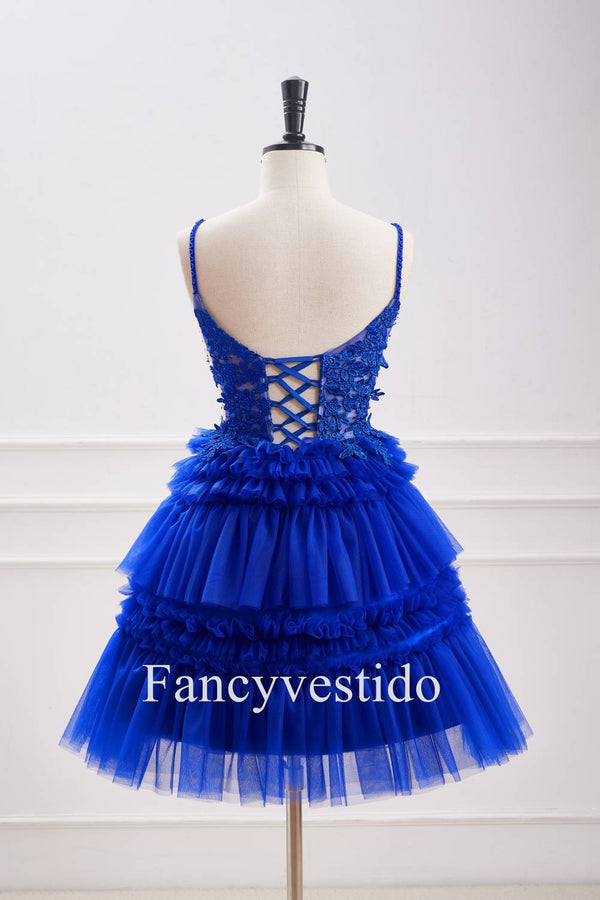Plunging Neck Royal Blue Beaded Ruffle Tulle Homecoming Dress