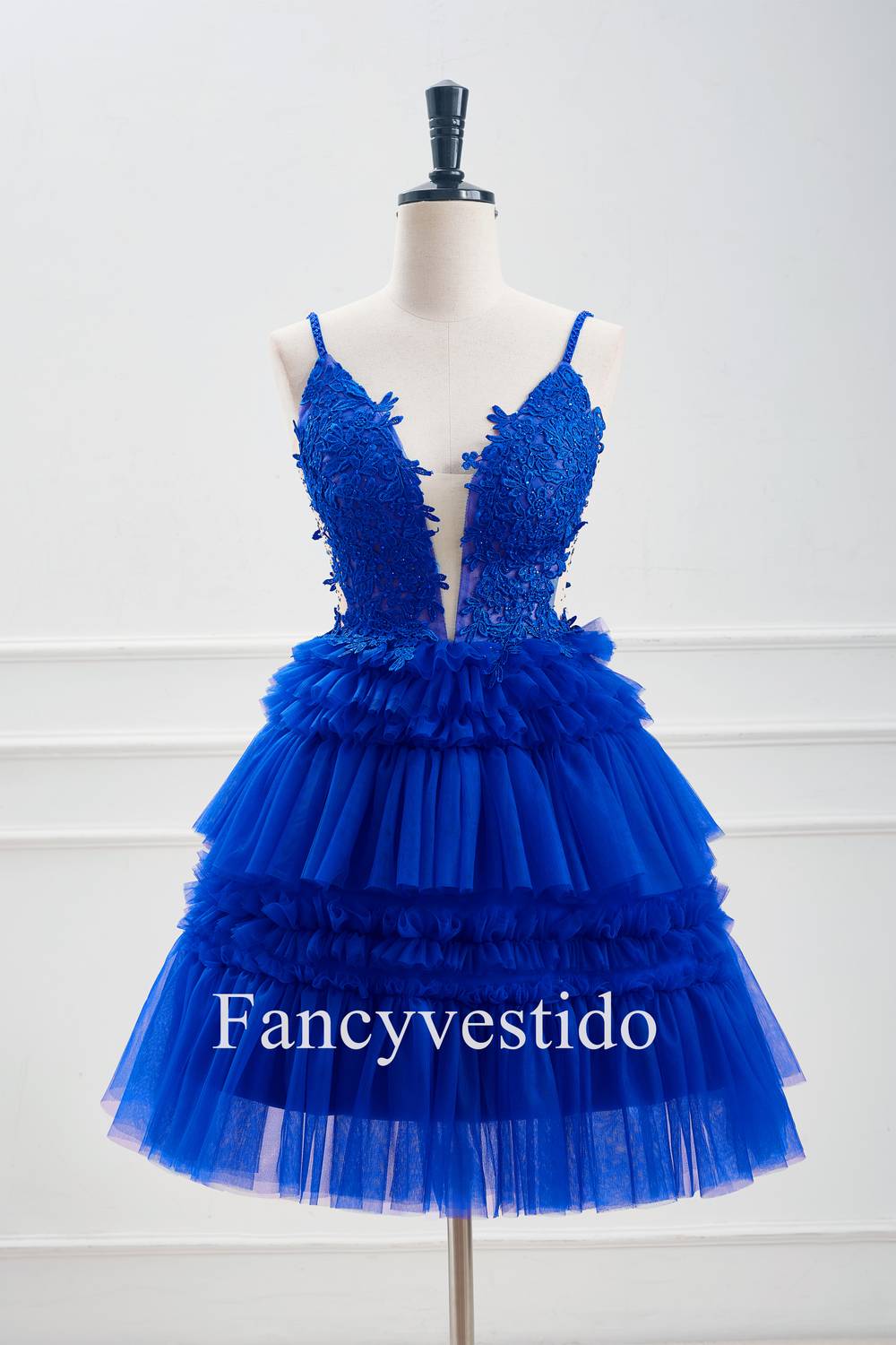 Plunging Neck Royal Blue Beaded Ruffle Tulle Homecoming Dress FancyVestido Plunging Neck Royal Blue Beaded Ruffle Tulle Homecoming Dress FancyVestido