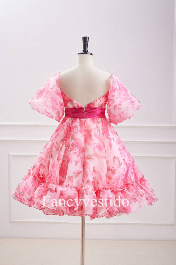 Princess Pink Balloon Sleeves Floral Babydoll Homecoming Dress