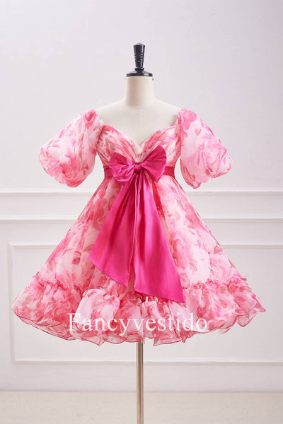 Princess Pink Balloon Sleeves Floral Babydoll Homecoming Dress