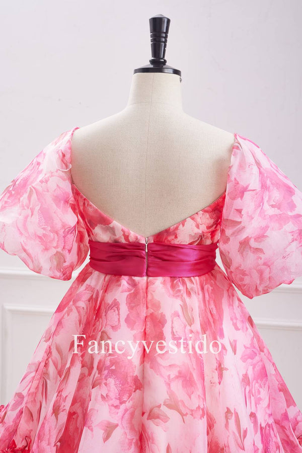 Princess Pink Balloon Sleeves Floral Babydoll Homecoming Dress