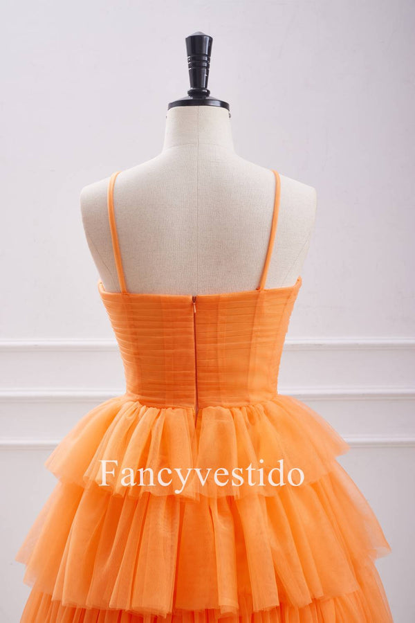 Straps Orange Keyhole Rosette A-Line Ruffle Homecoming Dress