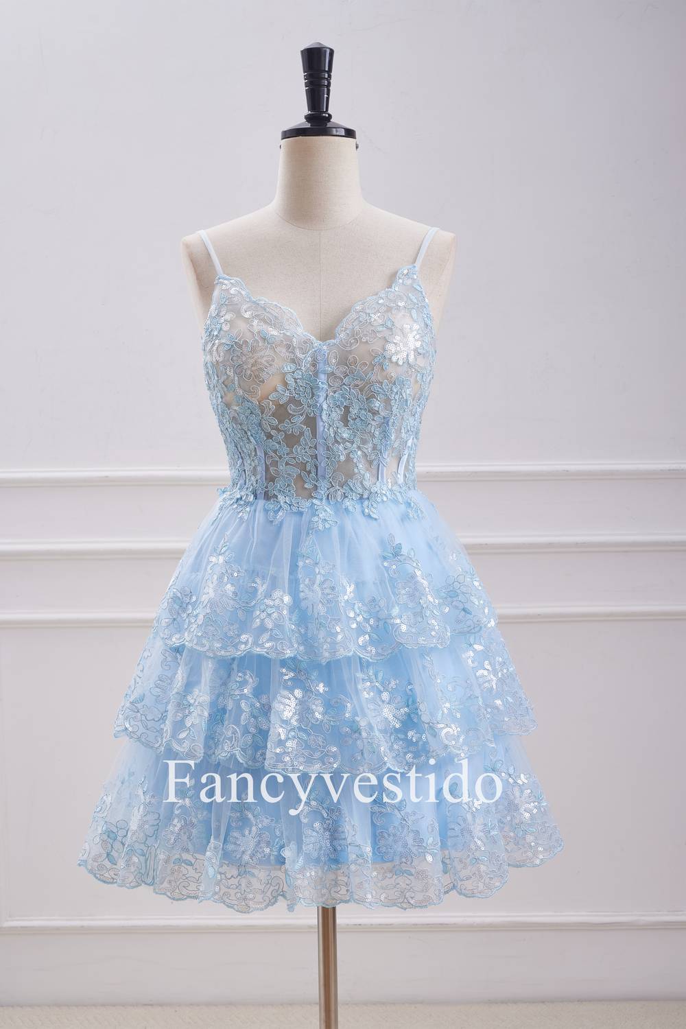 Straps Light Blue Sequin Appliques Tiered Homecoming Dress FancyVestido Straps Light Blue Sequin Appliques Tiered Homecoming Dress FancyVestido