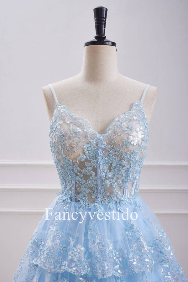 Straps Light Blue Sequin Appliques Tiered Homecoming Dress