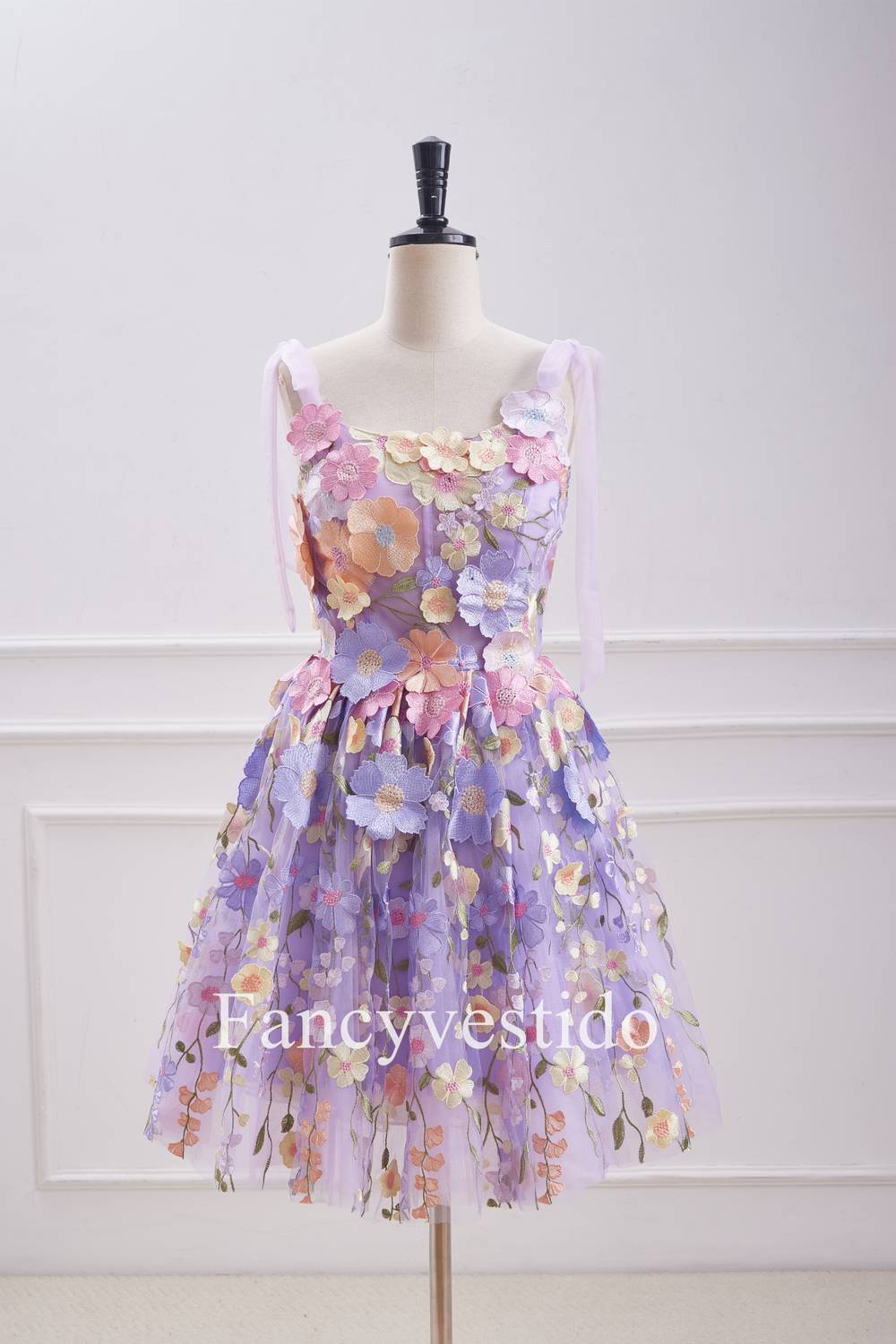 open lace back dress Lavender Floral Lace Up 3D Flowers Back Zip Party Dress – FancyVestido