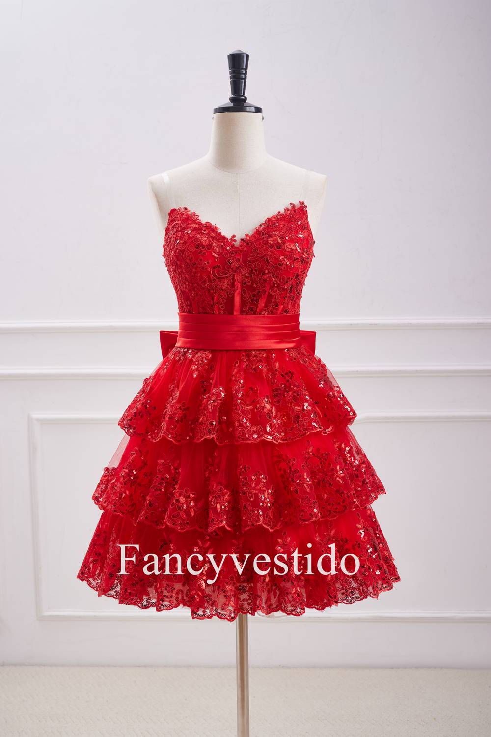 Strapless Red Corset Sequin Ruffle Homecoming Dress with Bow – FancyVestido Strapless Red Corset Sequin Ruffle Homecoming Dress with Bow – FancyVestido