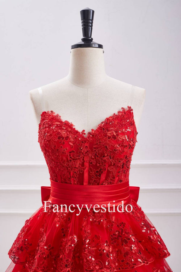 Strapless Red Corset Sequin Ruffle Homecoming Dress with Bow