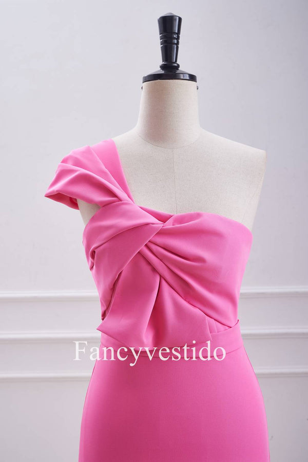 Fitted One Shoulder Twist Hot Pink Knot Mini Dress