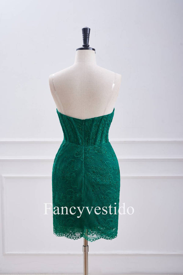 Strapless Emerald Green Fitted Beaded Corset Lace Mini Dress