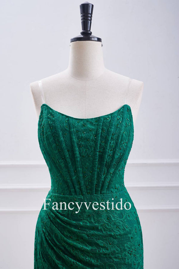 Strapless Emerald Green Fitted Beaded Corset Lace Mini Dress