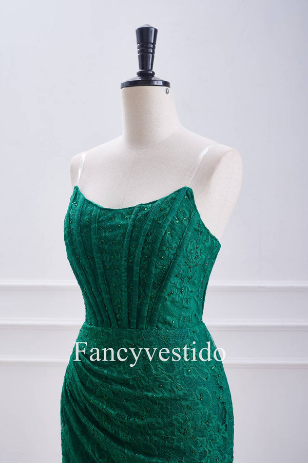 Strapless Emerald Green Fitted Beaded Corset Lace Mini Dress