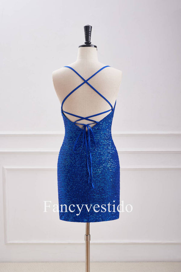 V-Neck Straps Royal Blue Sequin Ruched Homecoming Dress