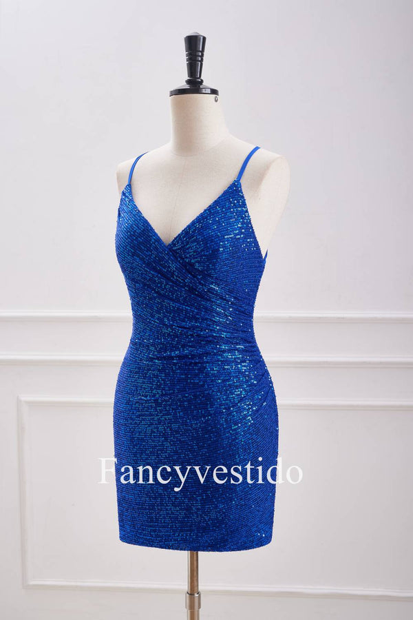 V-Neck Straps Royal Blue Sequin Ruched Homecoming Dress