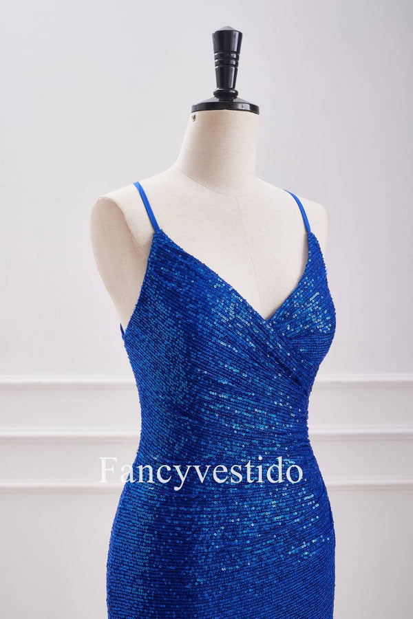 V-Neck Straps Royal Blue Sequin Ruched Homecoming Dress