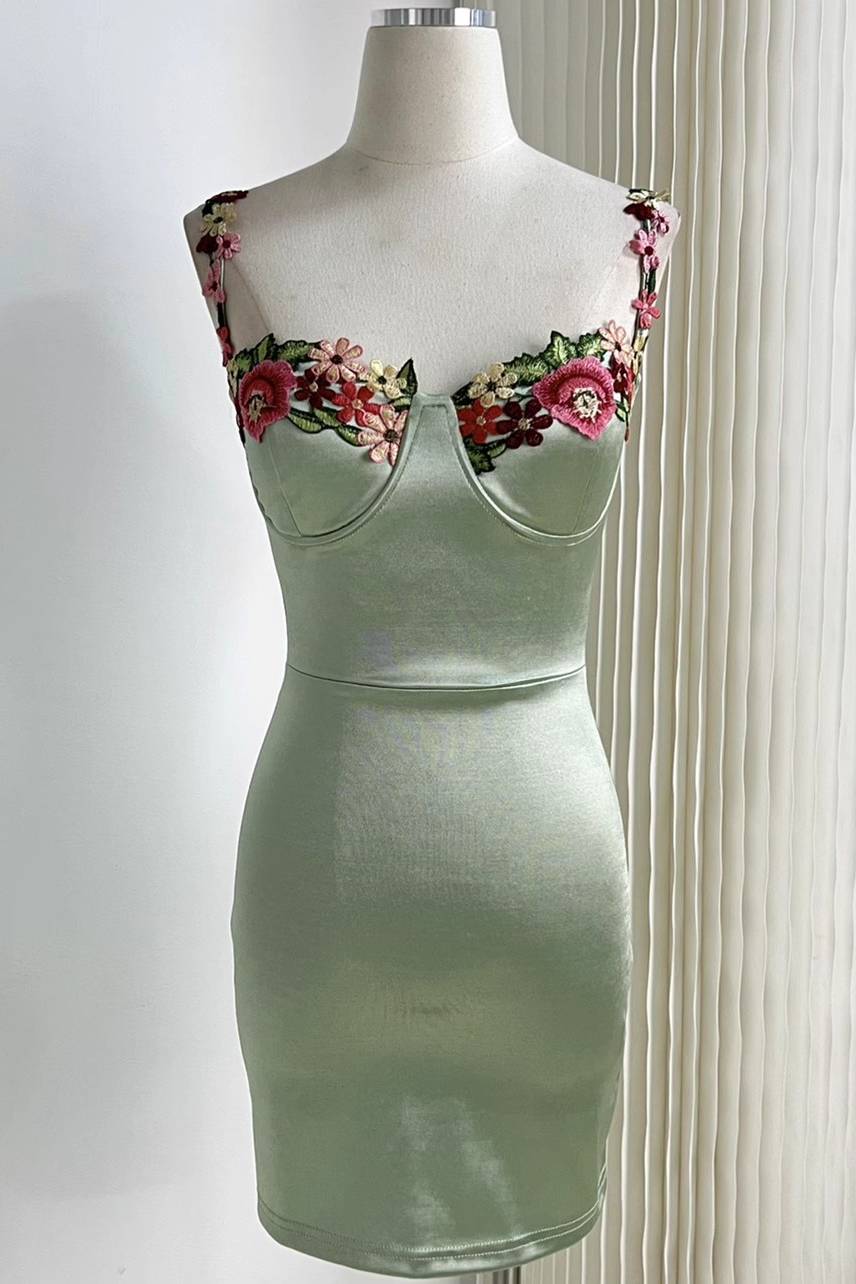 Gorgeous Sage Green Floral Embroidery Short Party Dress FancyVestido Gorgeous Sage Green Floral Embroidery Short Party Dress FancyVestido