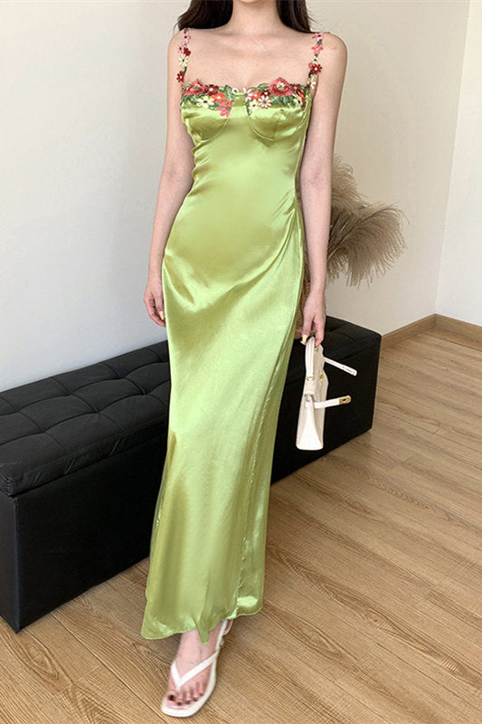 Princess Green Floral Embroidery Maxi Dress FancyVestido Princess Green Floral Embroidery Maxi Dress FancyVestido
