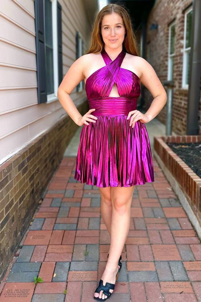Metallic Fuchsia Halter Keyhole Pleated Short Homecoming Dress – FancyVestido Metallic Fuchsia Halter Keyhole Pleated Short Homecoming Dress – FancyVestido