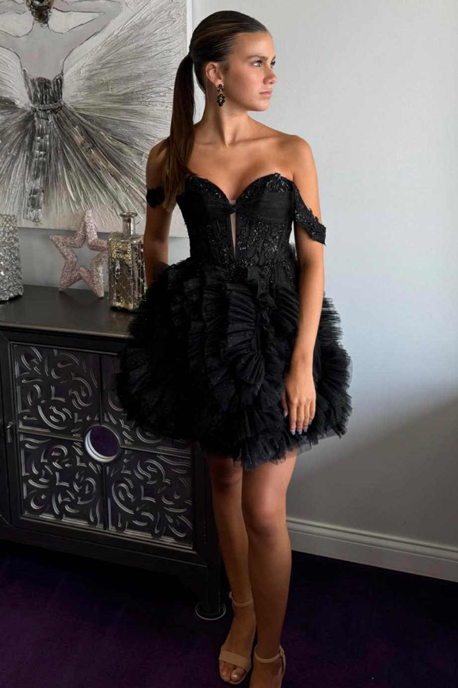 Black Off the Shoulder Tulle Ruffle Short Party Dress FancyVestido Black Off the Shoulder Tulle Ruffle Short Party Dress FancyVestido