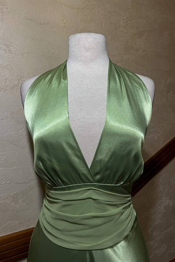 Halter Green Ruched Satin Midi Dress