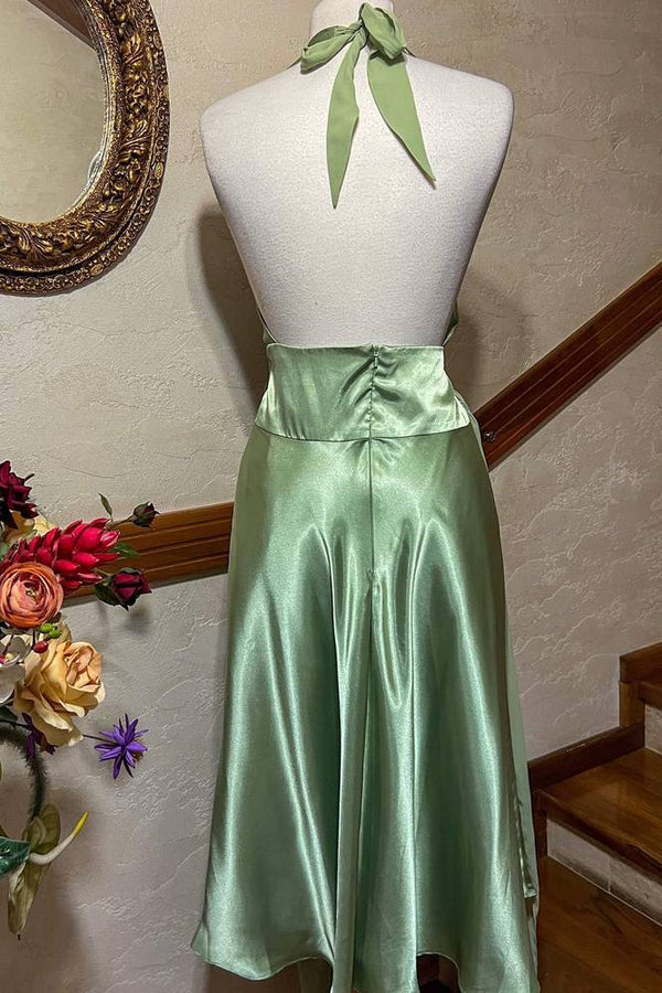 Halter Green Ruched Satin Midi Dress