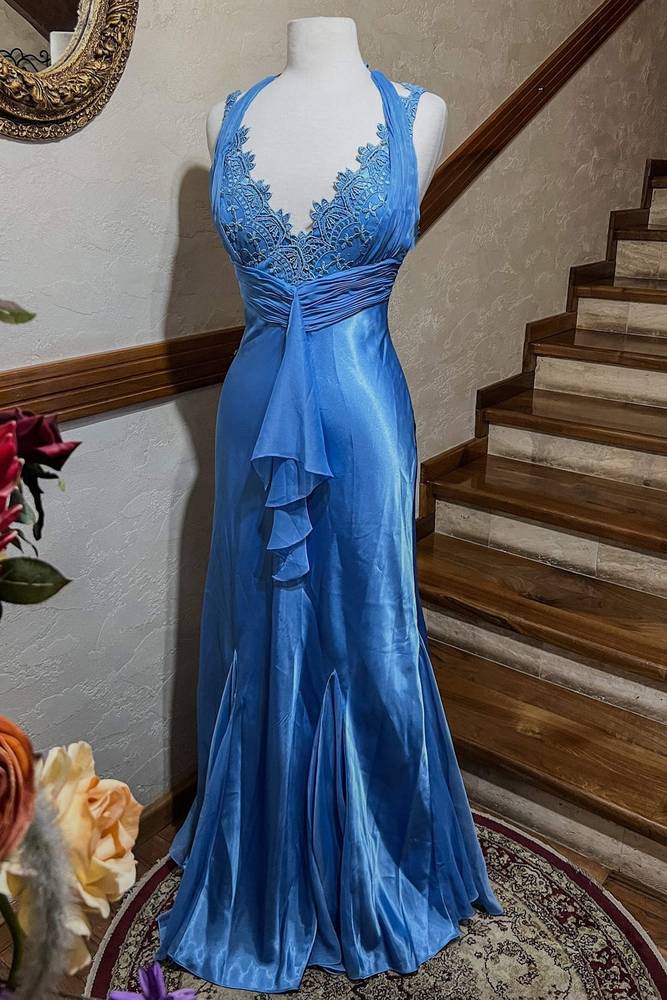 Blue Halter Lace-Up Satin Maxi Dress FancyVestido Blue Halter Lace-Up Satin Maxi Dress FancyVestido