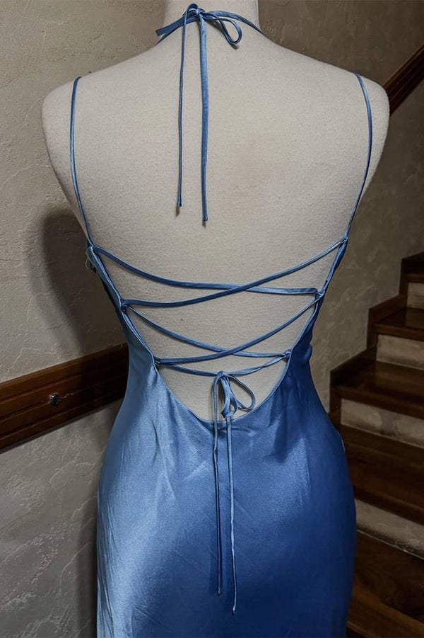 Blue Halter Lace-Up Satin Maxi Dress