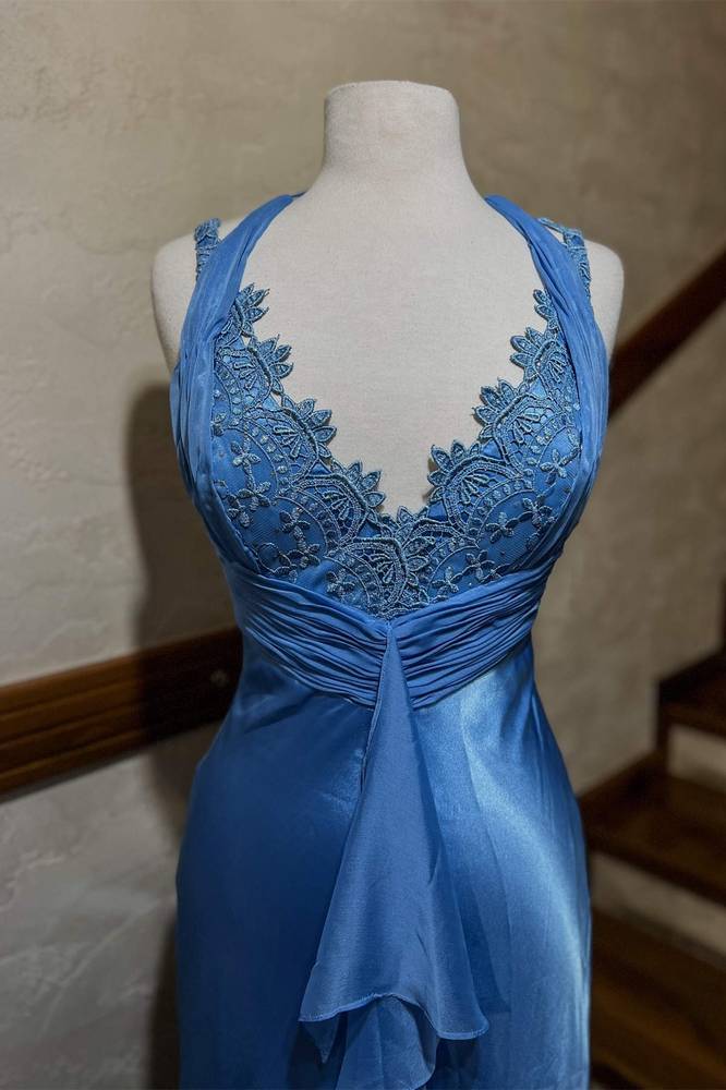 Blue Halter Lace-Up Satin Maxi Dress FancyVestido Blue Halter Lace-Up Satin Maxi Dress FancyVestido